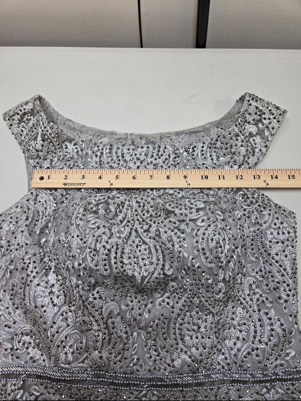 NWT CAMERON BLAKE Mon Cheri 118687 Silver Beaded Lace Formal Gown Size 12 - Picture 9 of 16